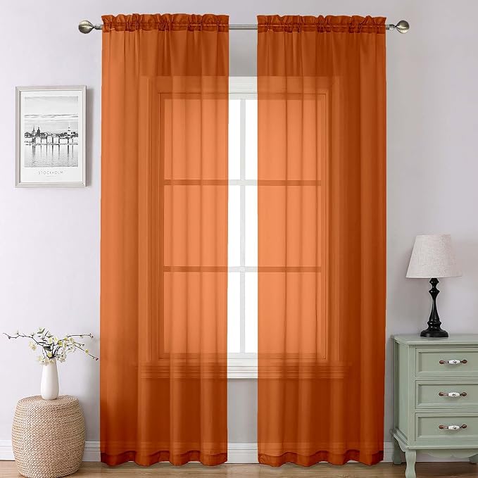 Orange Sheer Curtains 90 Inches Long 2 Panels, Light Filtering Voile Airy by Lecloud