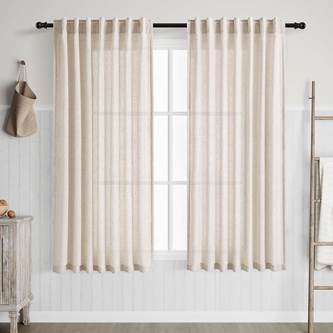 Beige Linen Back Tab Curtains for Bedroom 64 Inch Length 2 Panels Set Neutral by Nanspring