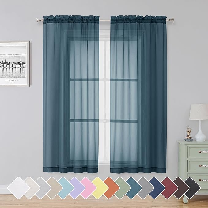 Simplebrand Dusty Blue Sheer Curtains 63 Inch Length 2 Panels, Rod Pocket Solid by Simplebrand