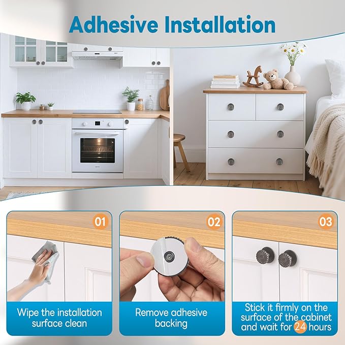 Self Adhesive Drawer Knobs, 8 Pack Self Stick Door Pull Handles, Zinc Alloy No Drilling Cabinet Knobs for Drawer, Closet, Window, Dresser, Sliding Barn/Glass Shower/Balcony Door (8, Grey)