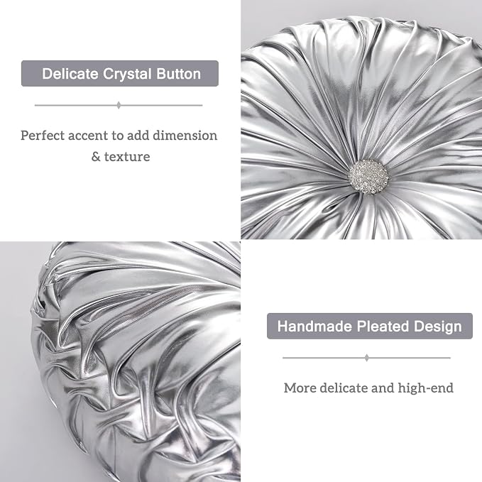 HIG Set of 2 Silver Metallic Leather Decorative Round Pleated Throw Pillows | - Image 4