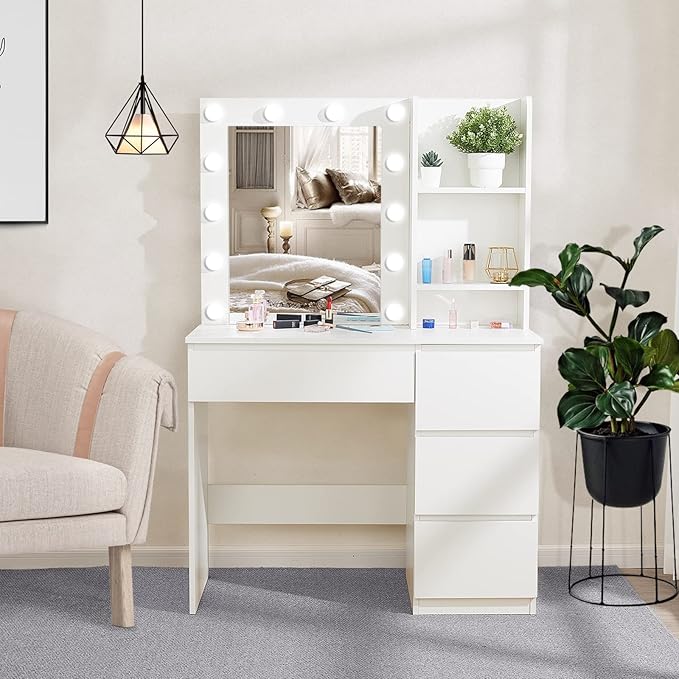Vabches Makeup Vanity with Lights, 37inch Vanity Desk, 4 Large Drawers Dresser with Lighted Mirror, 3 Lighting Modes Brightness Adjustable, White