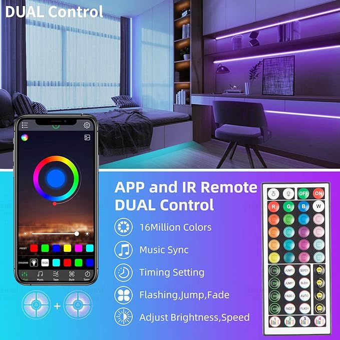 KSIPZE 200ft (2 Rolls of 100 ft) Led Strip Lights RGB Music Sync Color Changing Bluetooth Led Lights with Smart App Control Remote Led Lights for Bedroom Room Lighting Flexible Home Décor