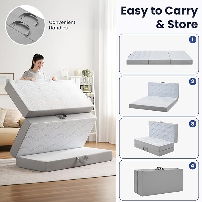 Foldable Mattress Queen 3 inch -Portable White Memory Foam Folding Matress with Washable Cover for Camping Travel Guest Room Home Use-Non-Slip&Easy Storage