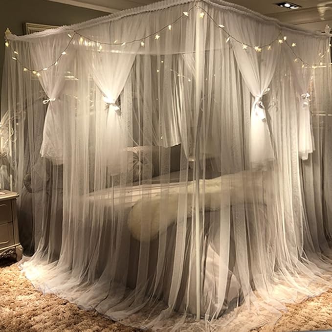 Joyreap 4 Corners Post Canopy Bed Curtain for Girls & Adults - Royal Luxurious Cozy Drape Netting - Cute Princess Bedroom Decoration Accessories (White, King)