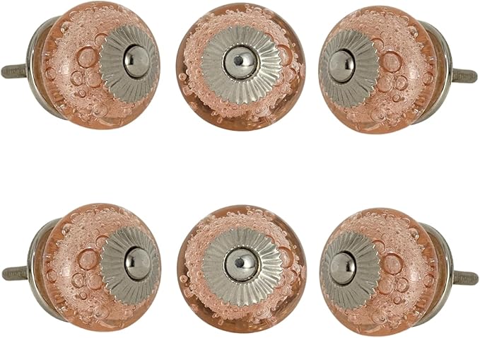 Perilla Home Set of 6 Pink Bubble Crystal Glass Knob for Kitchen Cabinets - Crystal Glass Handles and Pull Knob for Dresser Drawer | Living Room | Kitchen | Bathroom | Closet Cupboard Furniture