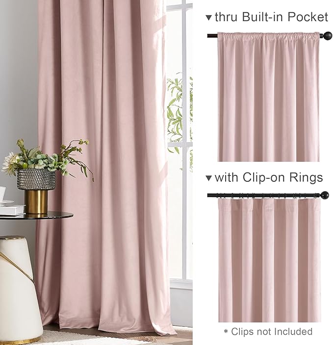 Lazzzy Velvet Blackout Curtains Thermal Insulated Room Window Drapes Super Soft Luxury Curtains for Living Room Bedroom Rod Pocket 2 Panels, Dusty Pink, 52" W x 108" L