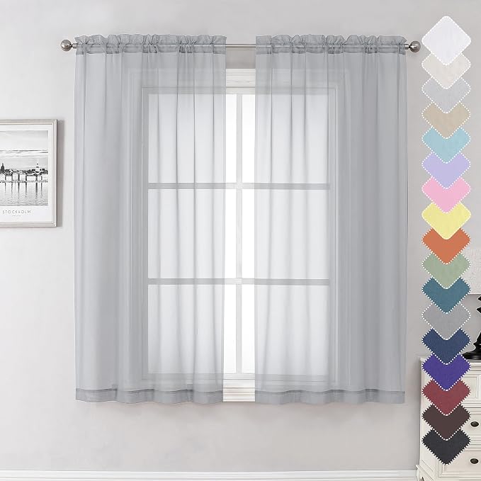 Light Grey Sheer Curtains 63 Inch Length 2 Panels, Light Filtering Solid Voile by Lecloud