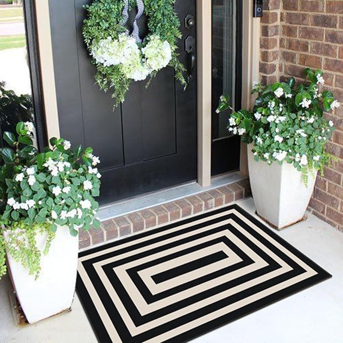 Front Door Mat Indoor Outside Entrance, 2x3 Modern Black White Rug | Non-Slip - Image 4