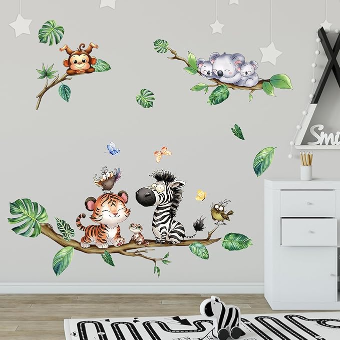 Cartoon Animal Wall Stickers Forest Safari Wall Decals Kid Room Nursery Baby Bedroom Décor (Cute Tiger Zebra)