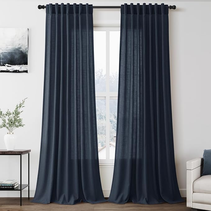 Vintage Blue Linen Curtains 108 Inches Long by Nanspring