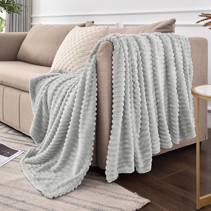 BEDELITE Ribbed Jacquard Light Grey Fleece Twin Blanket - Image 8