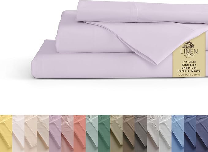 Linen Home 100% Cotton Percale Sheets California King Size, Iris Lilac, Deep Pocket, 4 Pieces Set - 1 Flat, 1 Deep Pocket Fitted Sheet and 2 Pillowcases, Crisp Cool and Strong Bed Linen