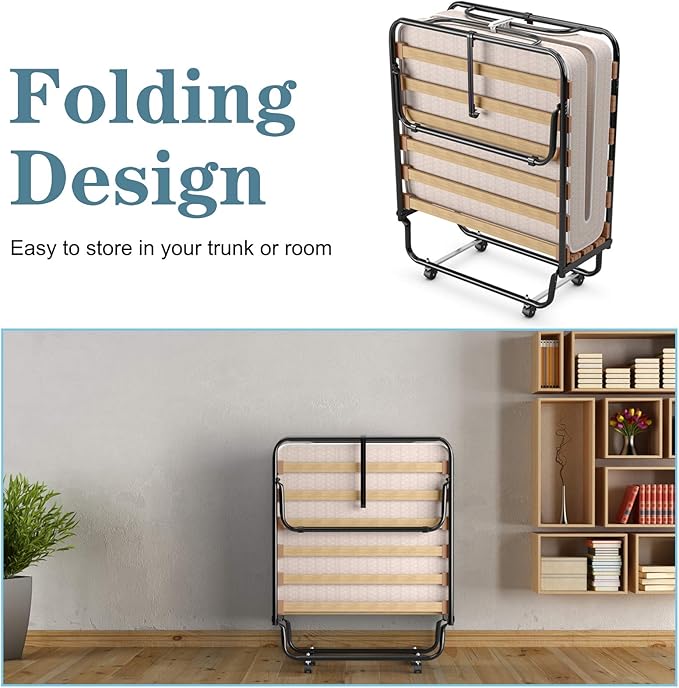 Giantex Folding Bed with Mattress, Rollaway Guest Bed w/ 4 Inch Memory Foam Mattress, Sturdy Metal Frame, Portable Bed Cot Size Easy to Store, Foldable Beds for Adults, Made in Italy