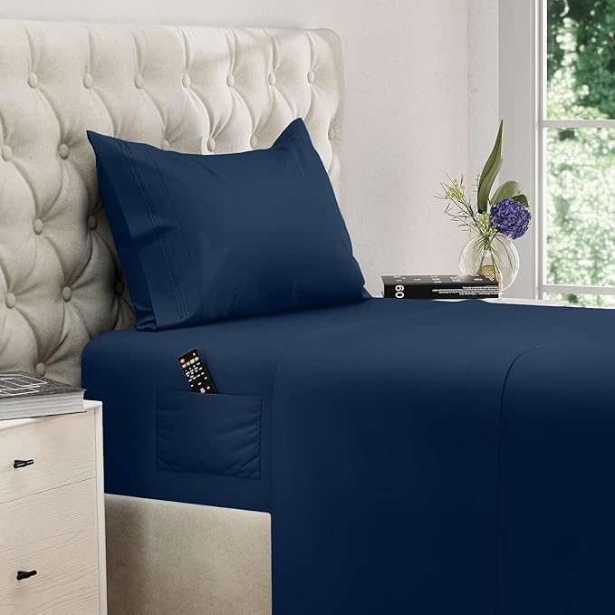 DREAMCARE Twin XL Sheet Sets – 3pcs Cooling Sheets – up to 21” Extra Deep Pocket Twin XL Sheets Set – Hotel Luxury Sheets & Pillowcases – Superior Softness 100% Fine Microfiber with Side Pocket –NBlue