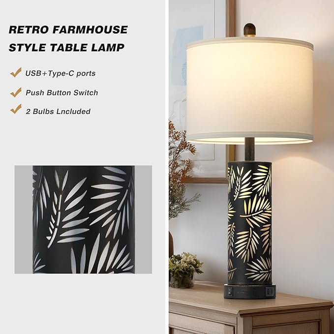 Set of 2 Rustic Table Lamps for Living Room Bedroom, Vintage Farmhouse Nightstand Lamp with 2 USB Ports, Hollow Out Black Metel Lamp for End Table with Nightlight (Retro Black)