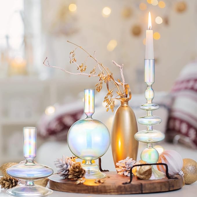 Rtteri 3 Pcs Glass Candlestick Holders Glass Candle Holders Groovy Wavy Elegant Taper Candle Stick for Wedding Home Birthday Party Christmas Halloween Decoration Windowsill Decor(Colorful)