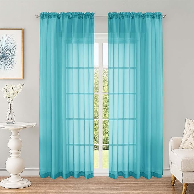 Sheer Curtains 84 Inches Long 2 Panels Set, Sheer Turquoise Curtains by OWENIE