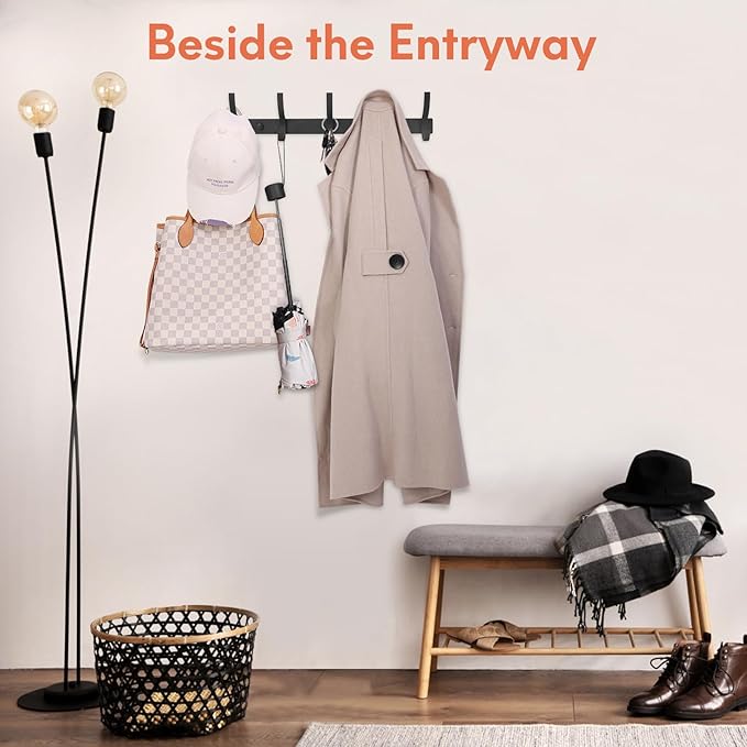 Coat Rack Wall Mount, Coat Hook Wall Mount, Wall Hooks for Hanging, Hat Rack for Walls, Coats Hanger with 10 Hook, Towel Hooks for Bathrooms (1 Pack, Black)