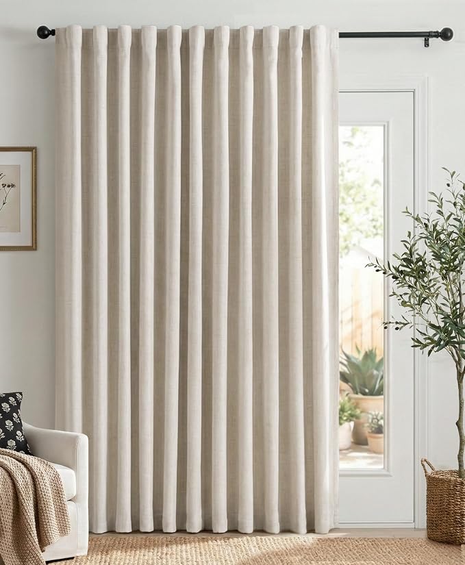 Linen Textured Total Blackout Sliding Door Curtains 84 Inches Long, Cream | by 100BlackoutShield