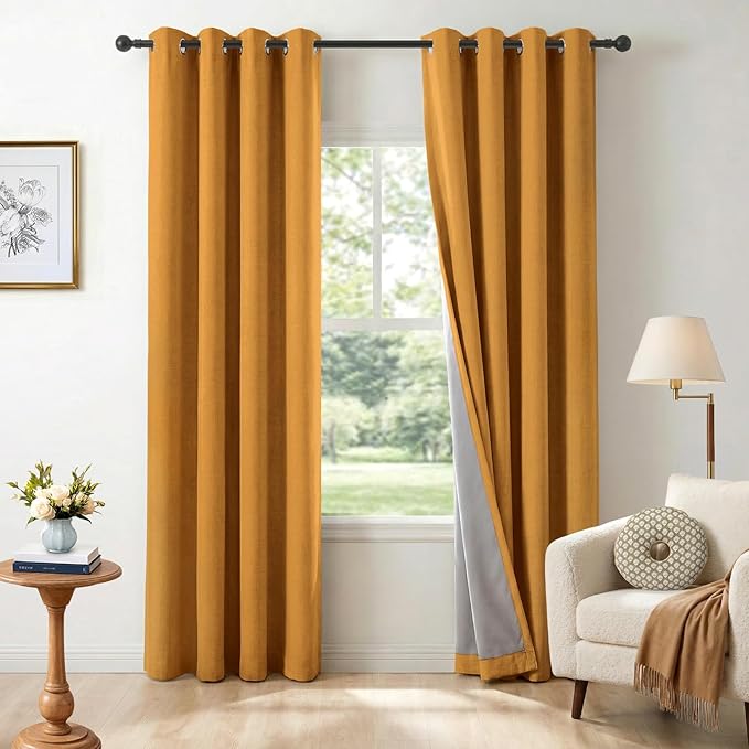 100% Blackout Linen Textured Curtains 90 Inch Long, Mustard Yellow | 100% by 100BlackoutShield
