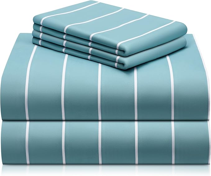 LuxClub 4 PC King Size Sheet Set Bed Sheets, Breathable Luxury Deep Pockets Wrinkle Free Cooling Sheets Machine Washable Hotel Bedding (King, Striped Light Blue)