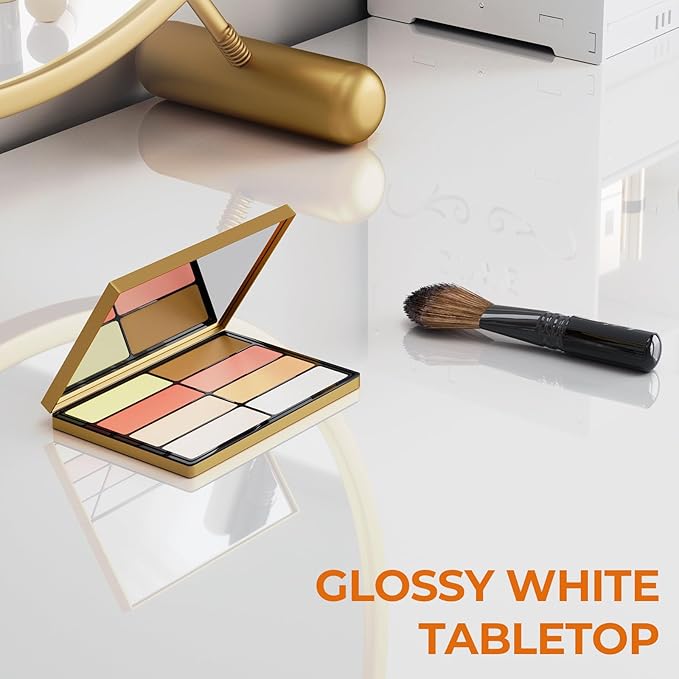 GreenForest Vanity Desk with 2 Drawers,39 inch White Desk with Glossy Desktop Easy Clean,Makeup Dressing Table with Metal Gold Legs for Home Office Small Spaces,Bedroom