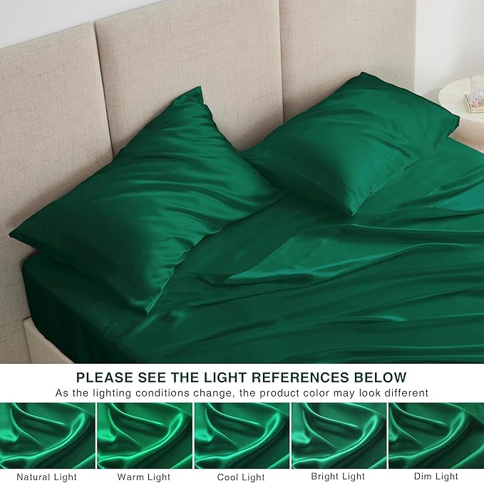 Love's cabin Twin Satin Sheet Set - 3 Piece Dark Green Silky Bed Sheets with Deep Pockets, Luxury Silk Feel Satin Twin Size Sheet Set Bedding Set (1 Flat Sheet,1 Fitted Sheet,1 Pillow case)