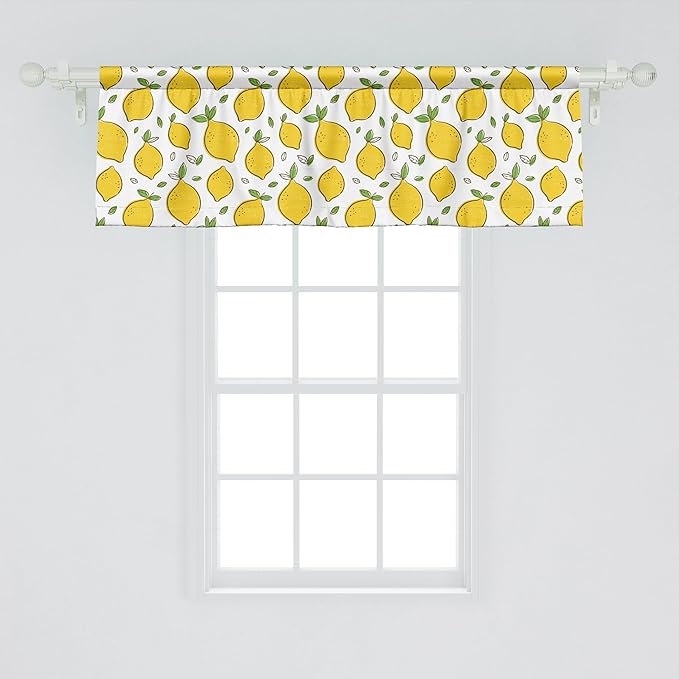 Ambesonne Lemons Window Valance Pack of 2, Continuous Citrus Fruits Leaves Refreshing Cartoon Pattern, Rod Pocket Curtain Valances for Kitchen Bedroom, 54" X 18", Lime Green Earth Yellow