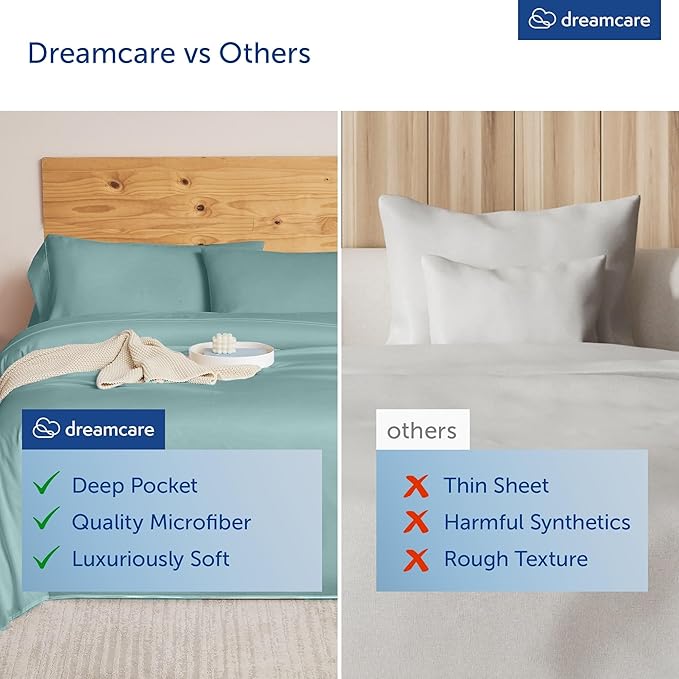 DREAMCARE Queen Size Sheets - Cooling Bed Sheets - 4pcs Set - up to 15" Deep Pocket Queen Sheet Set - Sheets Queen Size Bed - Soft & Long Lasting 100% Fine Microfiber with Side Pocket - Spa Blue