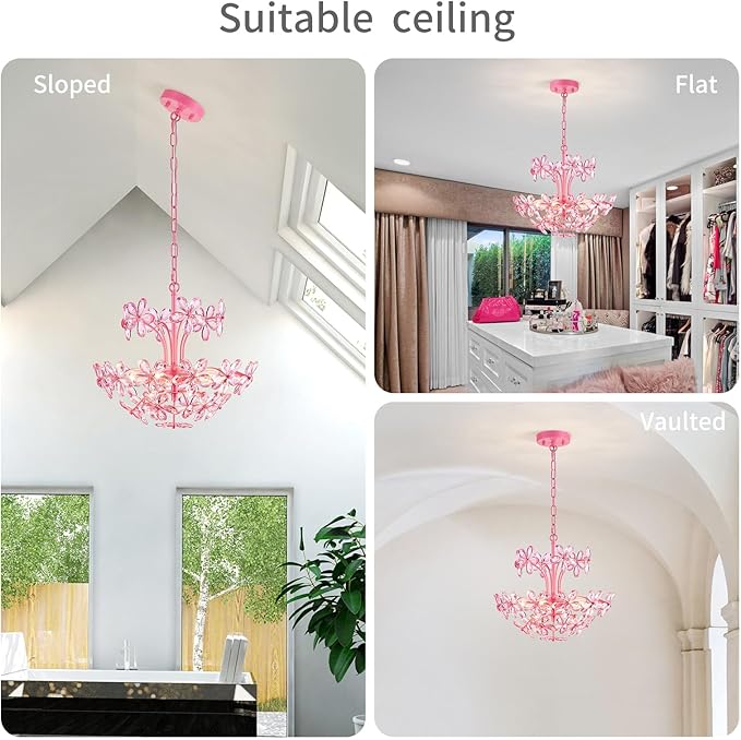 WUZUPS Crystal Chandelier Pendant Flushmount Ceiling Light Modern Lighting Fixture for Bedroom Hallway Bar Kitchen Bathroom, H 15.7" x W 17.7", Pink, E12 Base