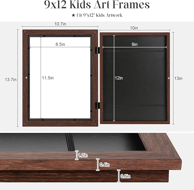 [3Pack] Kids Art Frames, 9x12 Front Opening Kids Artwork Frames Changeable, Brown Artwork Display Storage Frame for Wall, Holds 50 Pcs, for 3D Picture, Crafts, Children Drawing, Hanging Art, Portfolio