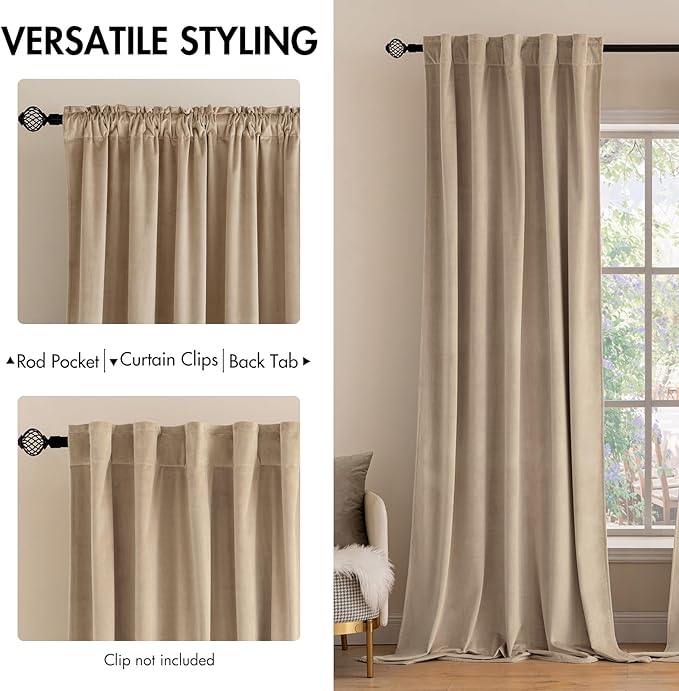 MIULEE Velvet Curtains 52x108 inches 2 Panels Camel Beige Blackout Curtains | - Image 2