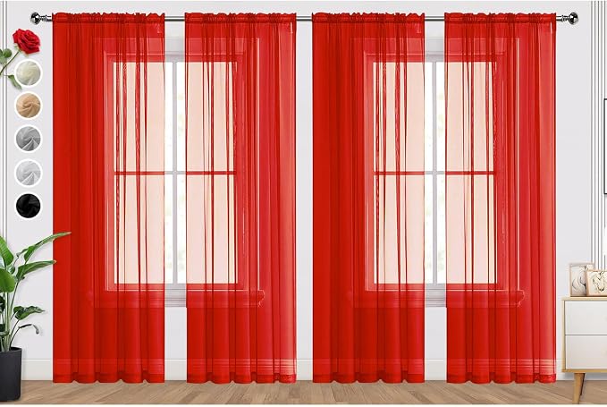 SpaceDresser Sheer Red Curtains 4 Panels Rod Pocket Semi-Sheer Curtain 84 by SpaceDresser