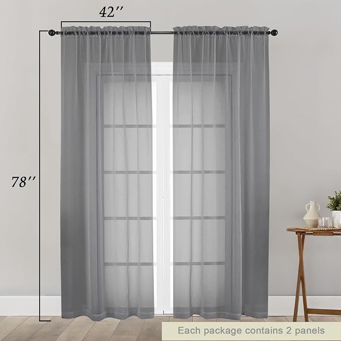 Grey Sheer Curtain for Bedroom Living Room 78 Inches Long 2 Panels Set - Image 2