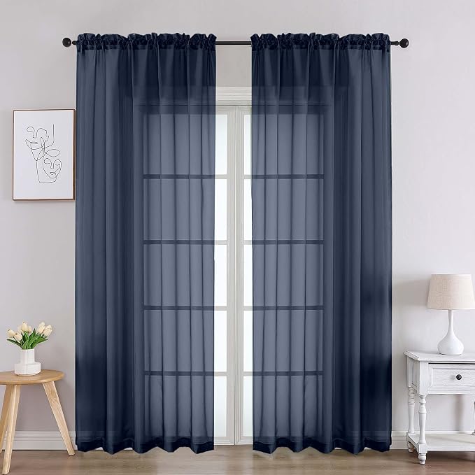 Chyhomenyc Navy Blue Sheer Curtains 84 Inches Long 2 Panels, Light Filtering by Chyhomenyc