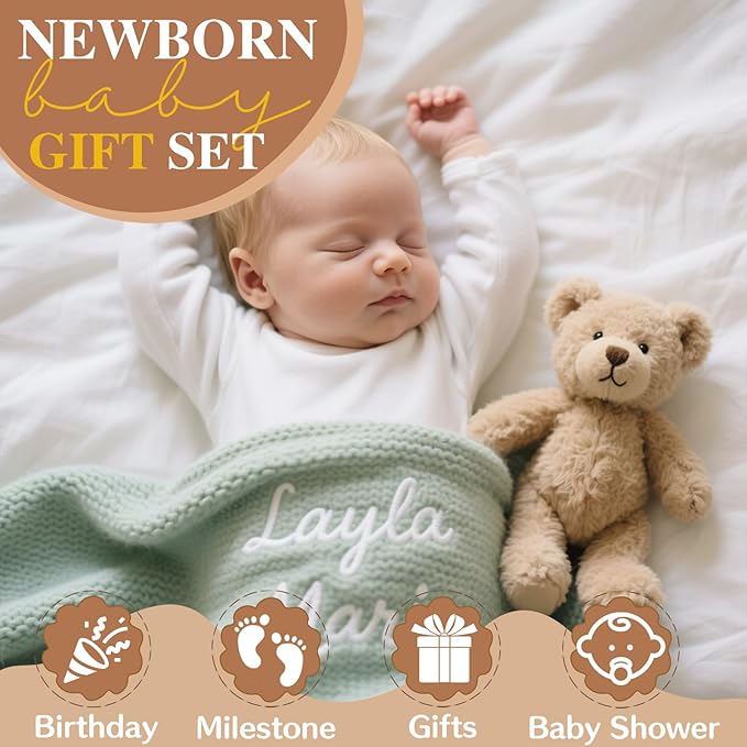 Personalized Embroidered Baby Blanket for Boys/Girls, Cotton Chunky Knit Customized Swaddle with Name, 40 * 30 inches, Handmade Receiving Nursery Blankets, Newborn, Birthday