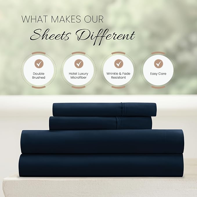 Linen Market Double-Brushed Microfiber California King Sheet Set 4 Piece – Oeko-TEX Certified Ultra Soft & Wrinkle-Free - 16" Deep Pocket Sheets Easy Care Cal-King Size - Navy