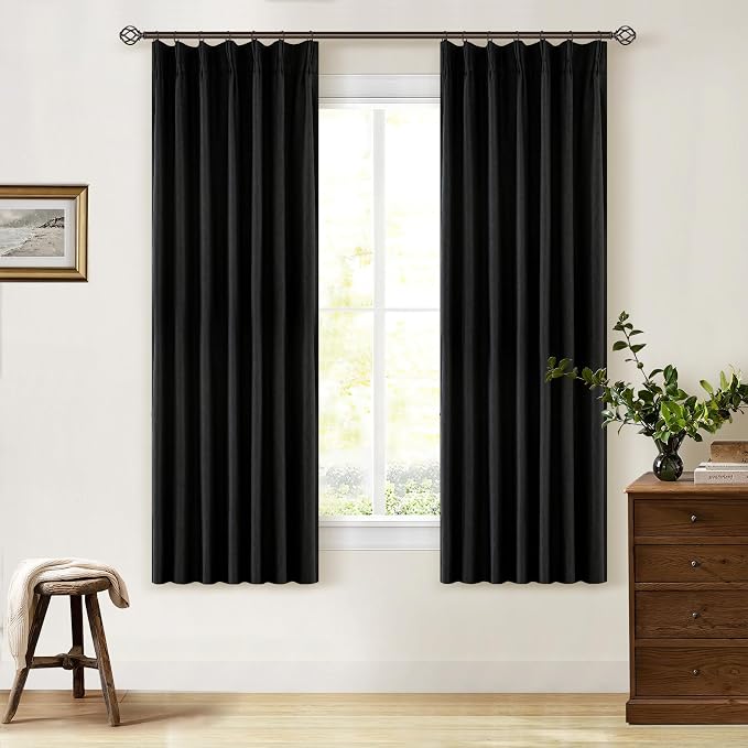 Black 63 Inch Length Blackout Pleated Linen Curtains by Twodrapes