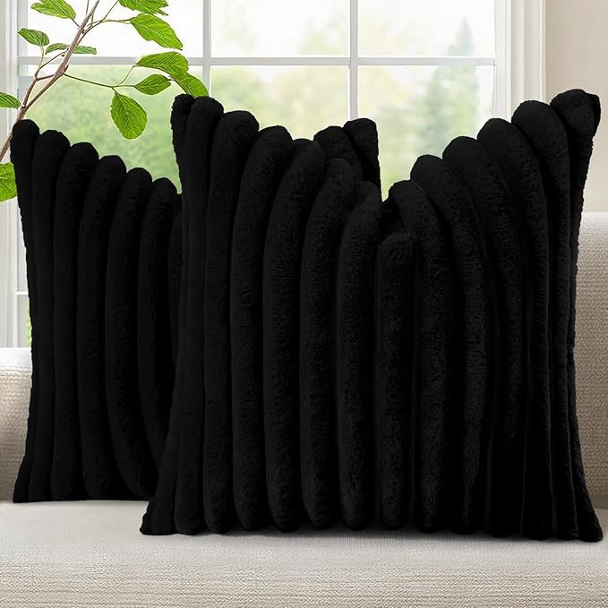 decorUhome Fall Faux Fur Throw Pillow Covers 20x20 Set of 2 Black | Decorative by decorUhome