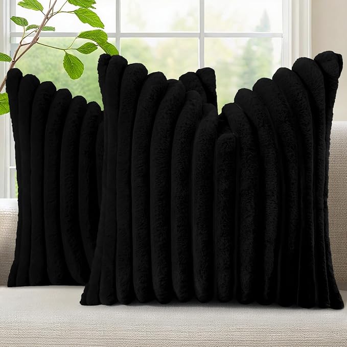 decorUhome Fall Faux Fur Throw Pillow Covers 24x24 Set of 2 Black | Decorative by decorUhome