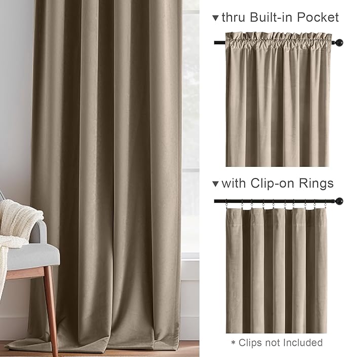 Lazzzy Velvet Blackout Curtains Thermal Insulated Room Window Drapes Super Soft Luxury Curtains for Living Room Bedroom Rod Pocket 2 Panels, Light Taupe, 52" W x 72" L