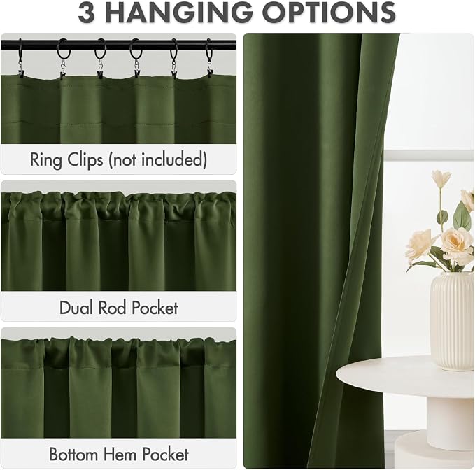 MIULEE Set of 4 Olive Green 45 Inch Short Blackout Kitchen Window Curtains | - Image 2
