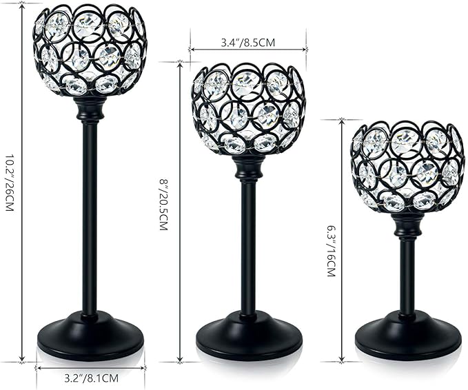 12pcs Bulk Crystal Candle Holders Set, 3 Sizes Tealight Candlestick Holders for Wedding Table Centerpiece, Fireplace Candelabra, Home Decor – Black (Kehail)