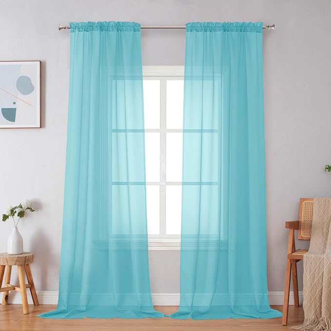 Simplebrand Aqua Sheer Curtains 96 Inches Long, Light Filtering Rod Pocket by Simplebrand