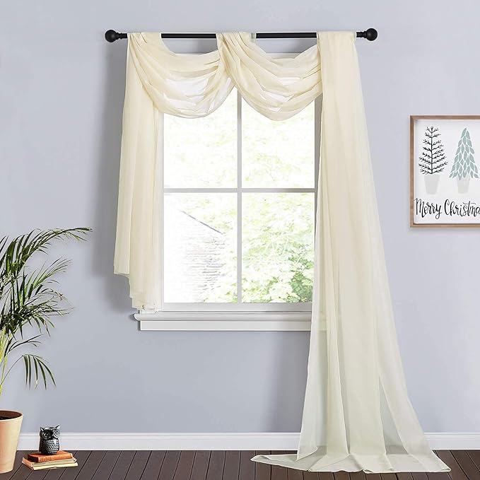 RYB HOME Canopy Bed Curtains - Long Sheer Window Scarf, Valances Curtains for Wedding Arch French Door Patio Frame Party Event Backdrops, 60 x 216 inch Long per Panel, 2 Pieces, Beige