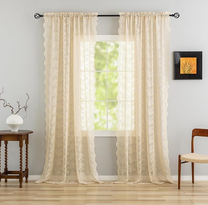 YJ YANJUN Vintage Lace Curtains 90 Inches Long-Victorian Floral Beige Sheer - Image 3