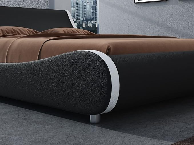 SHA CERLIN Modern Low Profile Platform Bed Frame King Size, Stylish Faux Leather Upholstered Sleigh Bed with Ergonomics Headboard, No Box Spring Needed, Black & White