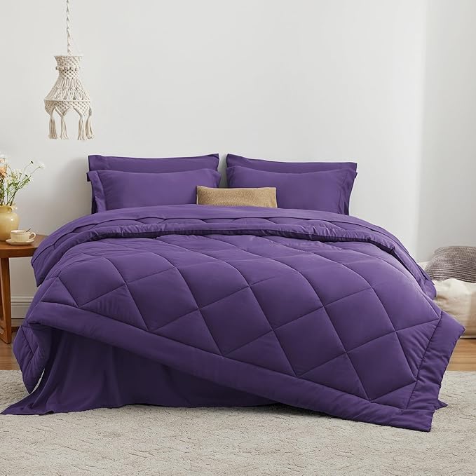 Love's cabin Queen Comforter Set Purple, 7 Pieces Queen Bed in a Bag, All Season Bedding Sets with 1 Comforter, 1 Flat Sheet, 1 Fitted Sheet, 2 Pillowcase and 2 Pillow Sham
