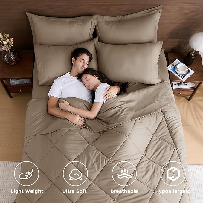 HEVUMYI Linen California King Comforter Set - 7-Piece All Season Bed in a Bag Cal King, Ultra Soft Bedding Set with Comforter, Flat Sheet, Fitted Sheet, Pillowcases, Pillow Shams